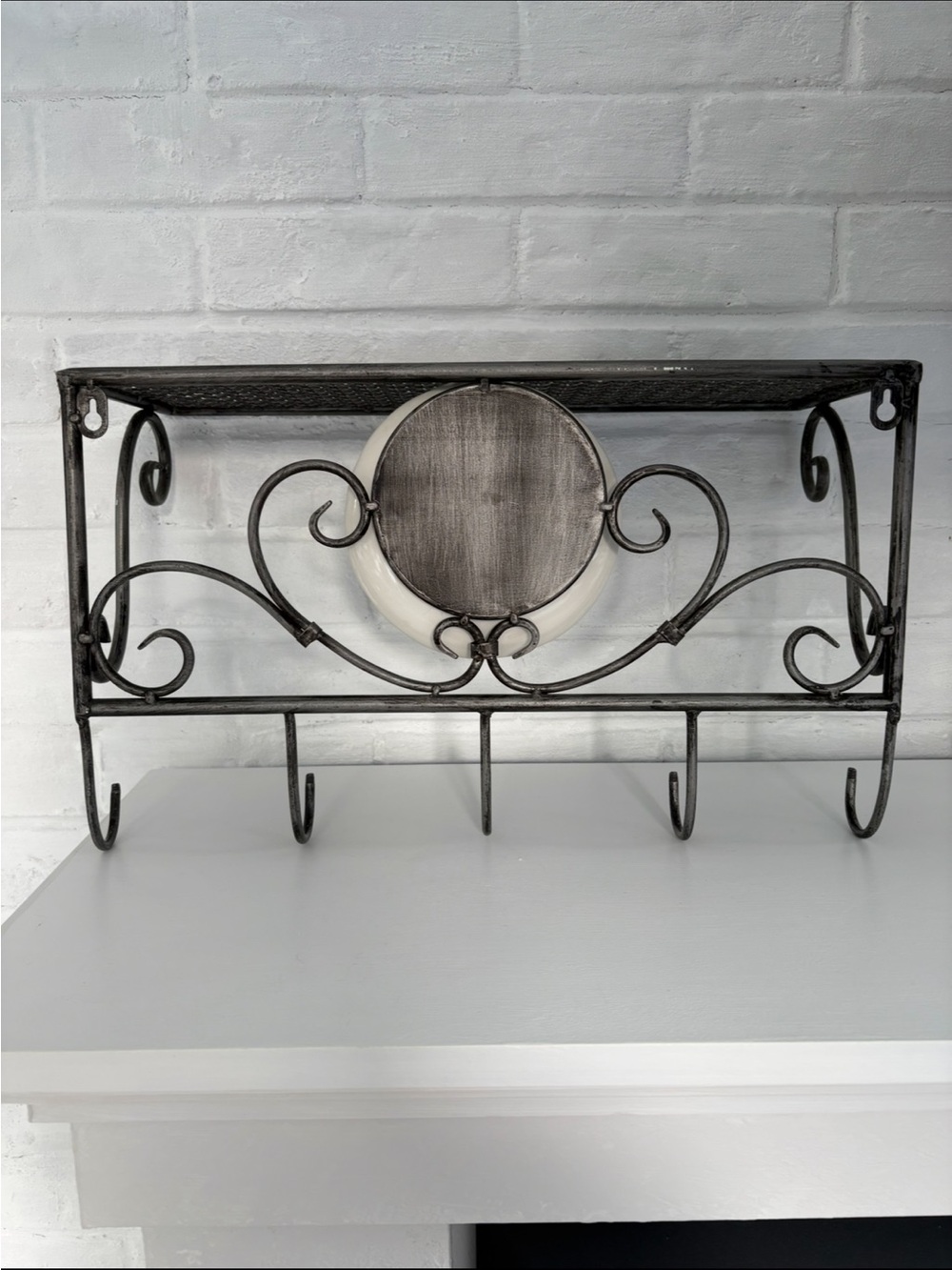 Black Wrought Iron Wall Shelf with Hooks and Decorative Blue Plate - Picture 11 of 12